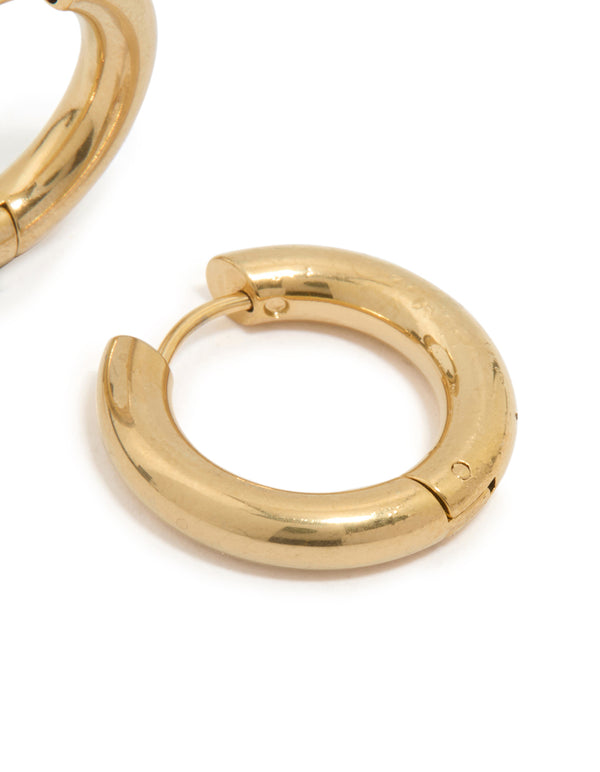 Capturing waterproof gold plated stainless steel thick clicker hoop earrings 22 MM with closure detail in statement style post detail view