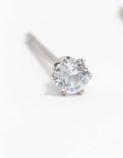 Timeless waterproof stainless steel cubic zirconia stud earrings in silver with 3mm stones close up view