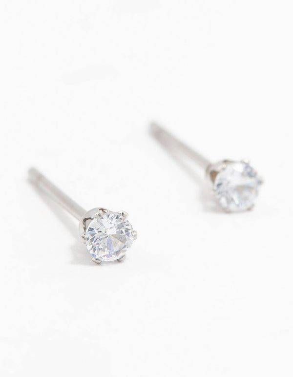 Elegant waterproof stainless steel cubic zirconia stud earrings in silver featuring 3mm stones front view