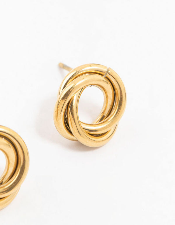 Displaying waterproof gold plated stainless steel knotted doughnut stud earrings post detail view