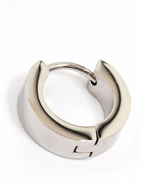 Crafted from waterproof stainless steel wide huggie earrings in silver post detail view