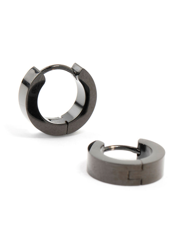 Featuring waterproof black coated stainless steel wide huggie earrings in front view