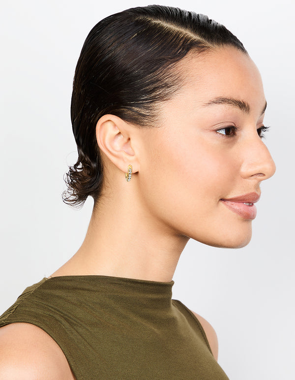 Waterproof gold plated stainless steel round diamante clicker hoop earrings on model view
