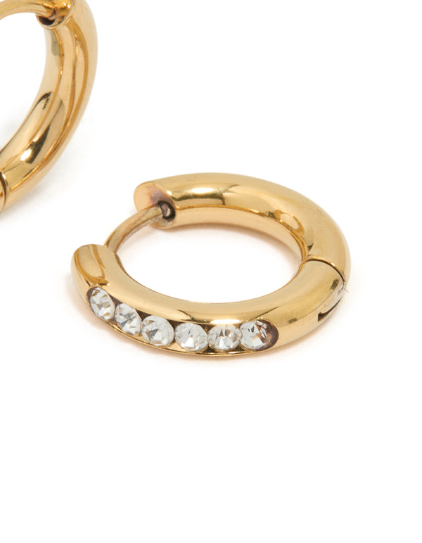 Detailed view of waterproof gold plated stainless steel round diamante clicker hoop earrings post detail view