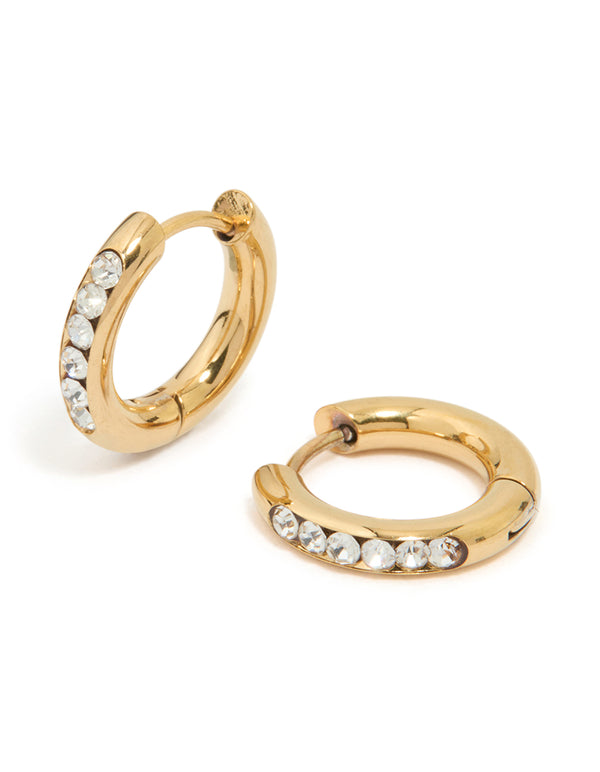 Showcasing waterproof gold plated stainless steel round diamante clicker hoop earrings front view