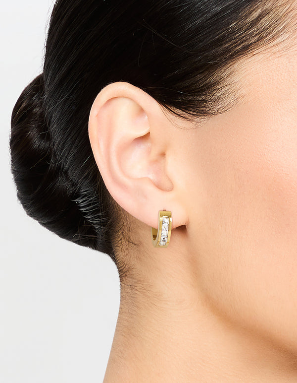 Waterproof Gold Plated Stainless Steel Square Cut Diamante Huggie Earrings