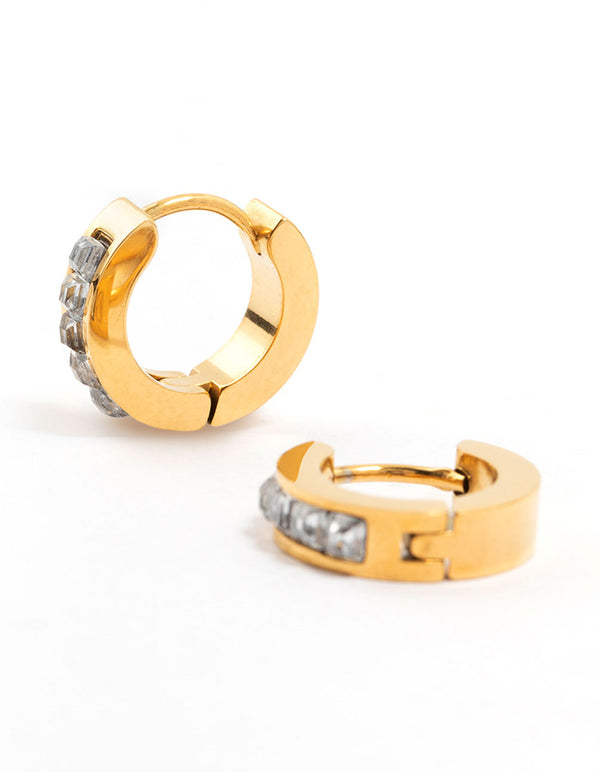 Featuring waterproof gold plated stainless steel square cut diamante huggie earrings front view