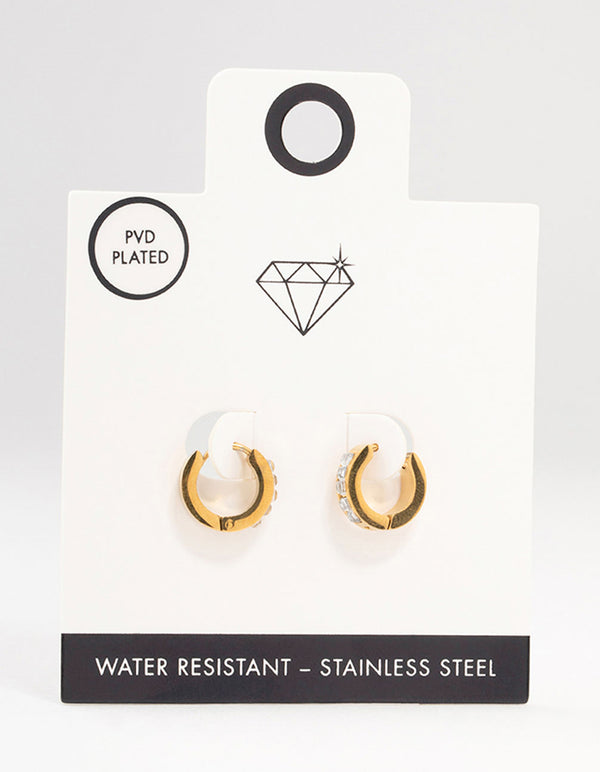 Featuring waterproof gold plated stainless steel square cut diamante huggie earrings front view