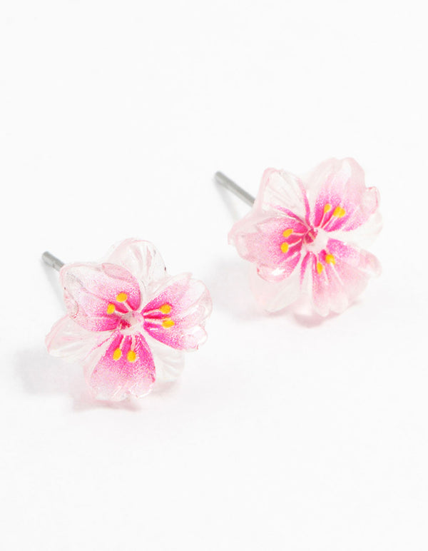 Pink Hibiscus Flower Stud Earrings