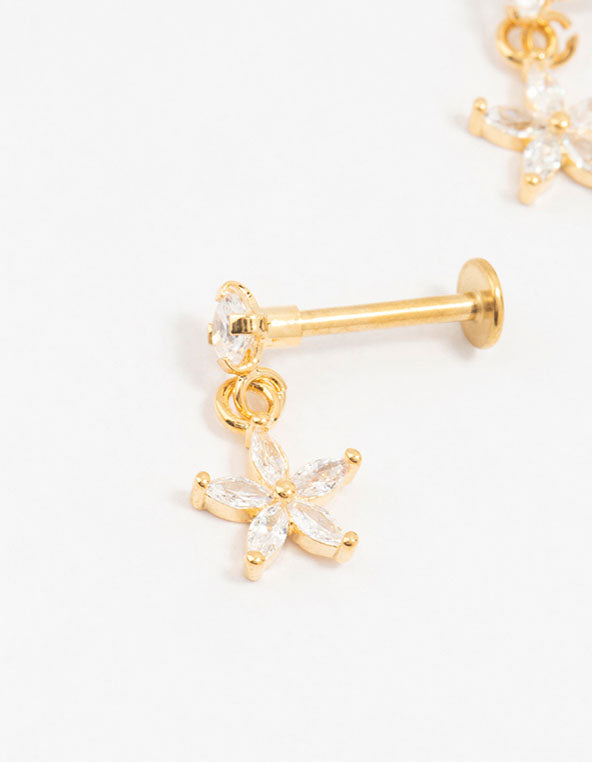 Gold Plated Surgical Steel Flower Drop Flat Backs 2-Pack
