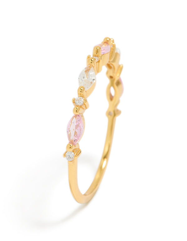 Designed with gold plated sterling silver and alternating marquise round cubic zirconia stones in pink clear close up view