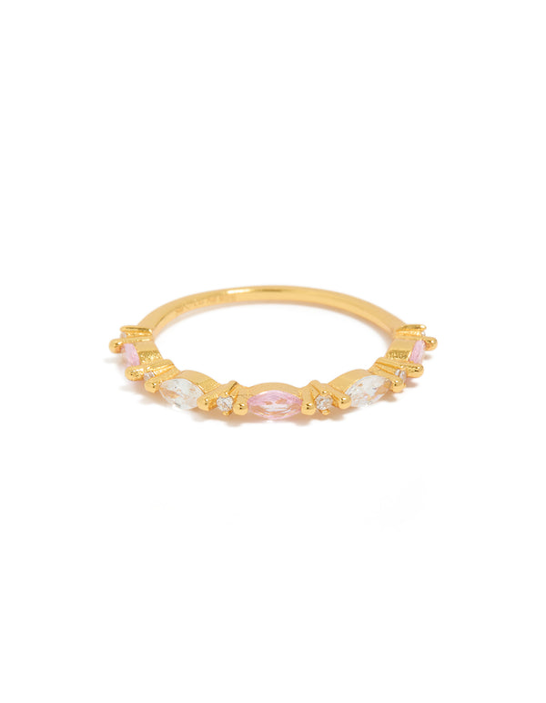 This gold plated sterling silver ring features alternating marquise and round cubic zirconia in pink clear tones front view