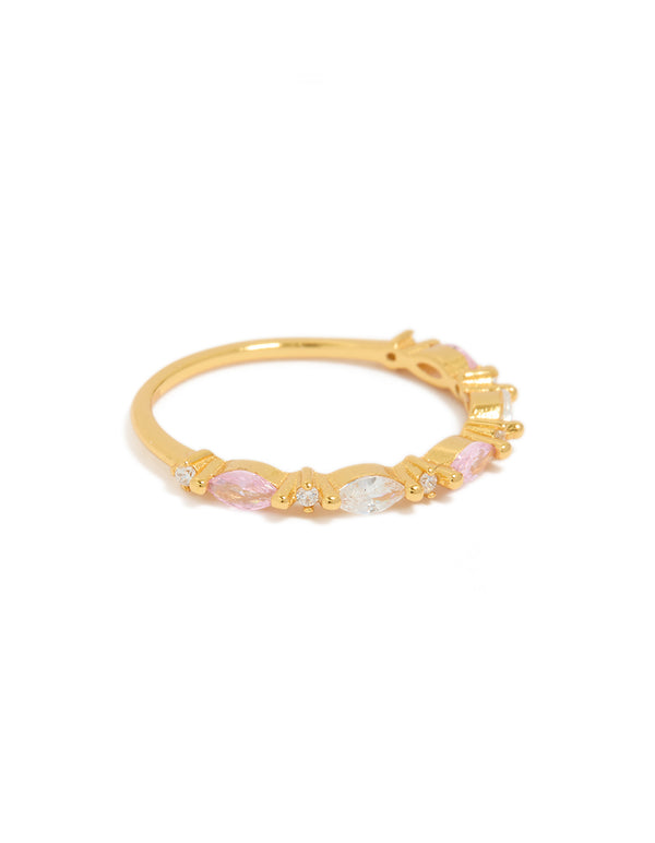 Showcasing a gold plated sterling silver ring with alternating marquise and round cubic zirconia stones in pink and clear tones side detail view