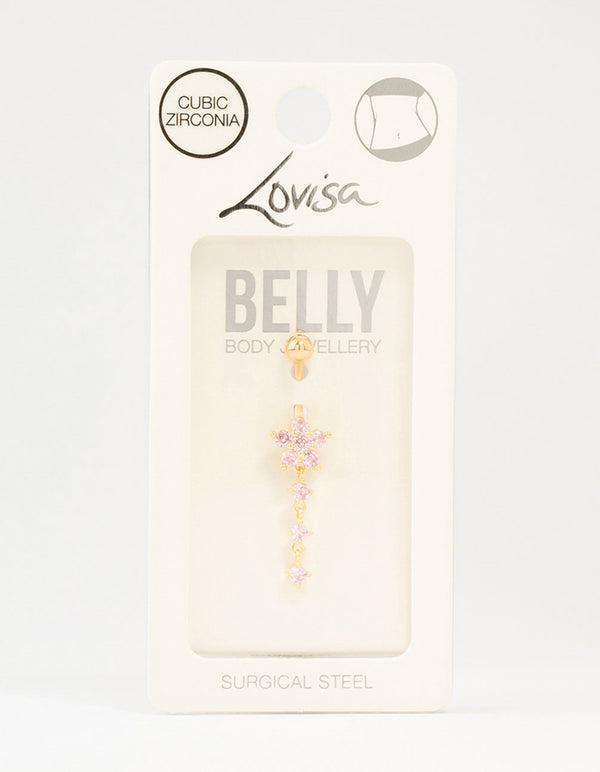 Gold Plated Surgical Steel Round Flower Drop Belly Bar