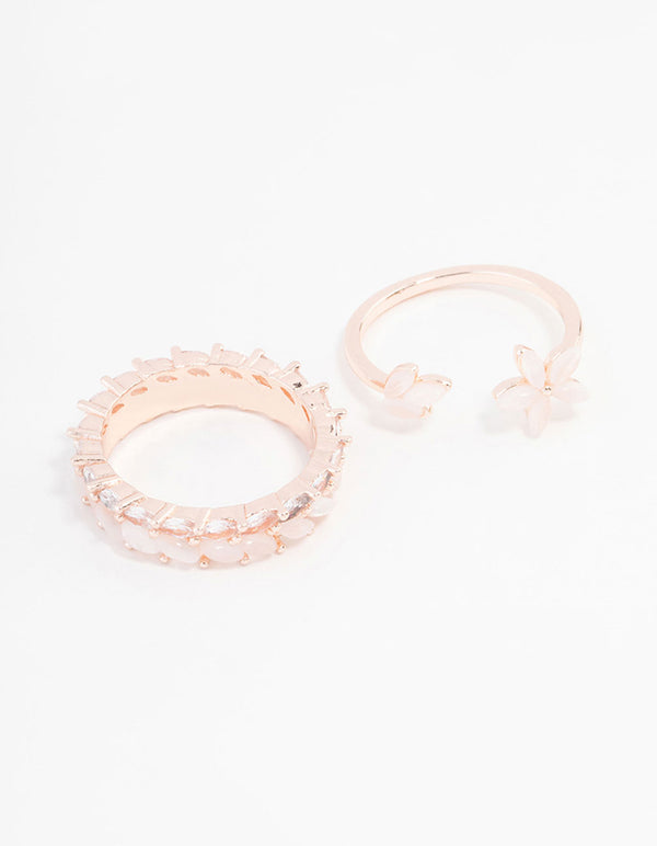 Rose Gold Plated Leaf & Flower Band Ring 2-Pack