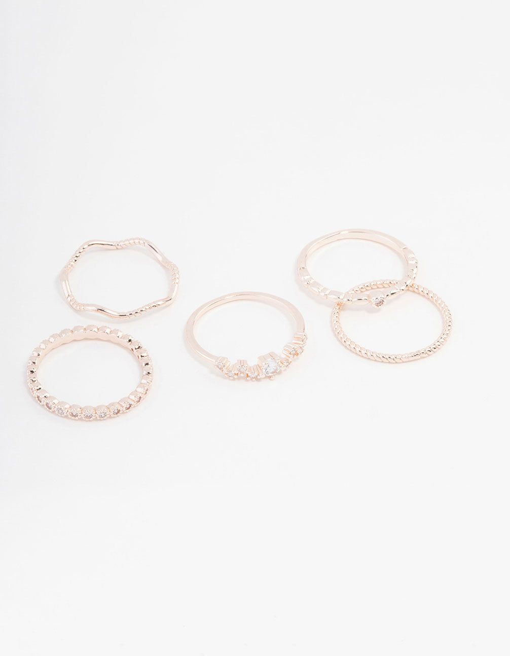 Showcasing rose gold plated squiggle ring 5-pack with beads front view
