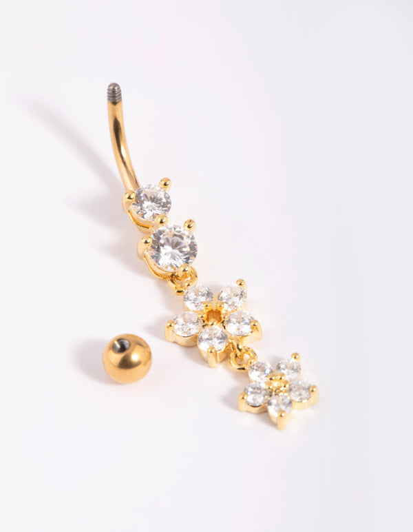 Gold Plated Titanium Flower Drop Belly Bar