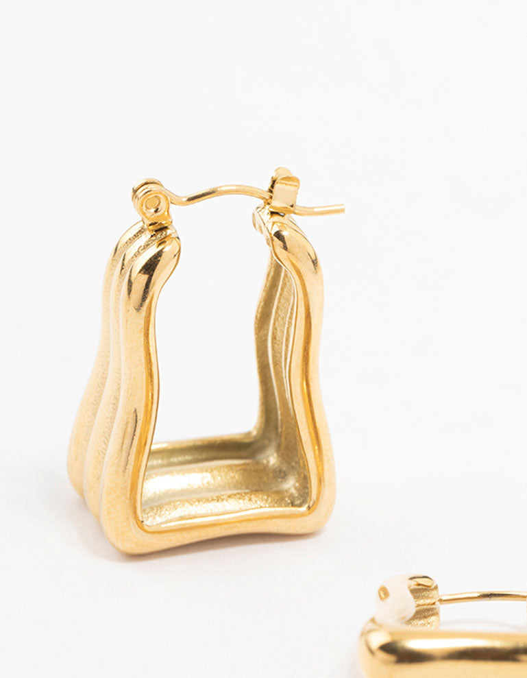 Waterproof Gold Plated Stainless Steel Square Wave Hoop Earrings