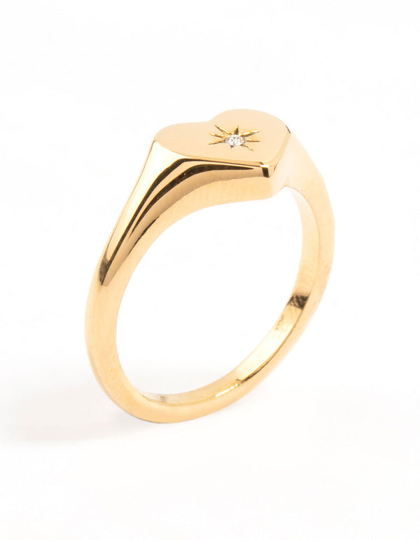 Waterproof Gold Plated Stainless Steel Cubic Zirconia Heart Signet Ring