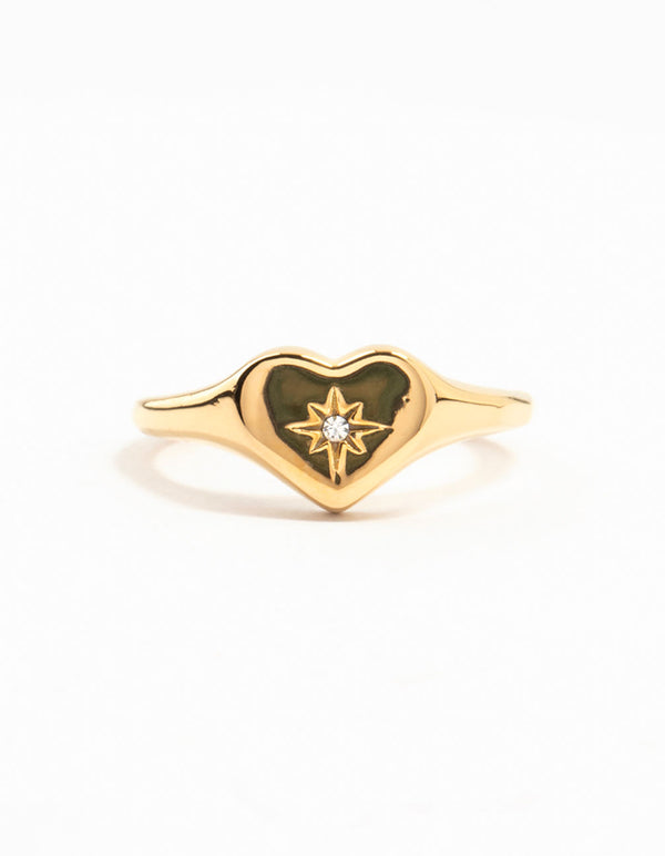 Waterproof Gold Plated Stainless Steel Cubic Zirconia Heart Signet Ring