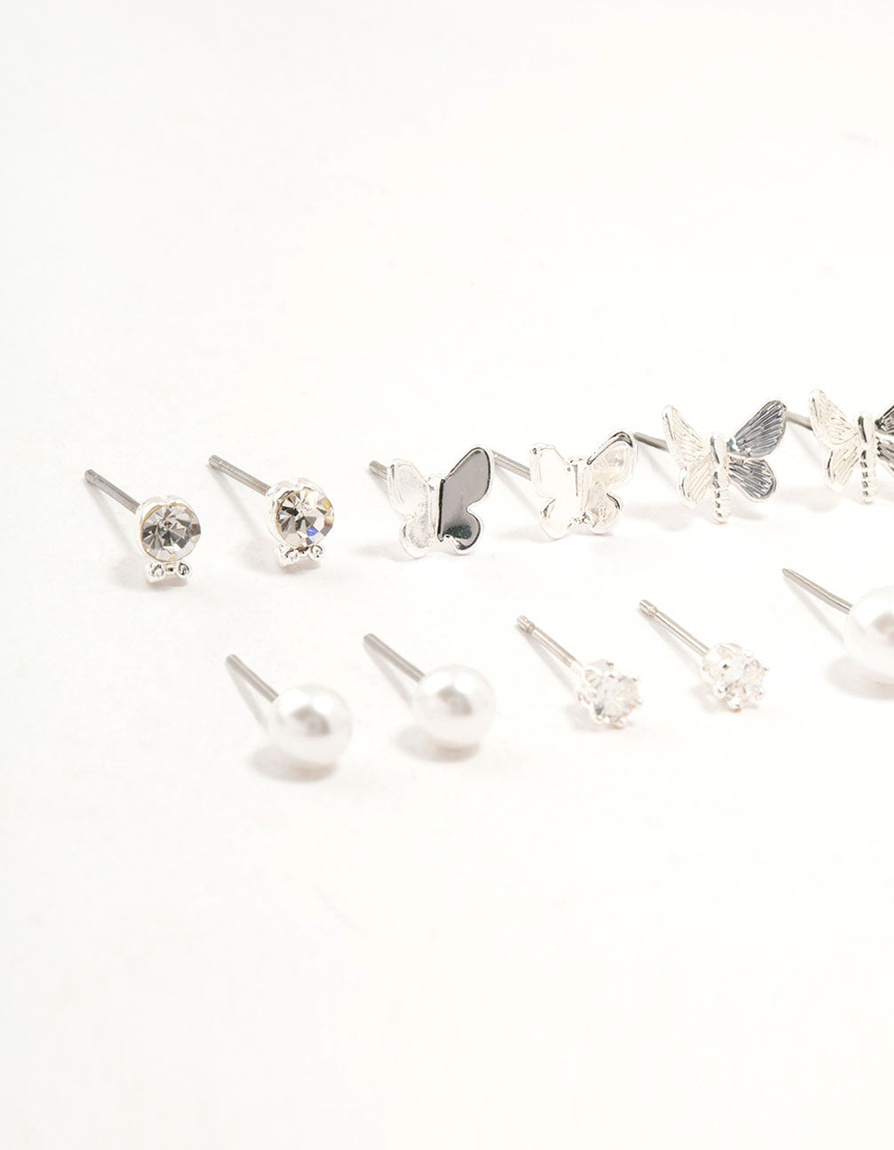 Silver Pearl Diamante Butterfly Earrings 8-Pack
