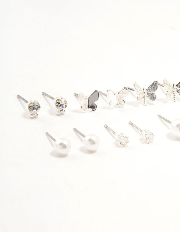 Silver Pearl Diamante Butterfly Earrings 8-Pack