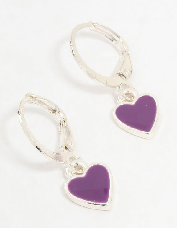 Silver Purple Heart Drop Huggie Earrings
