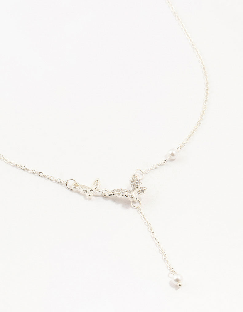 Silver Diamante Pearl Butterfly Y-Necklace