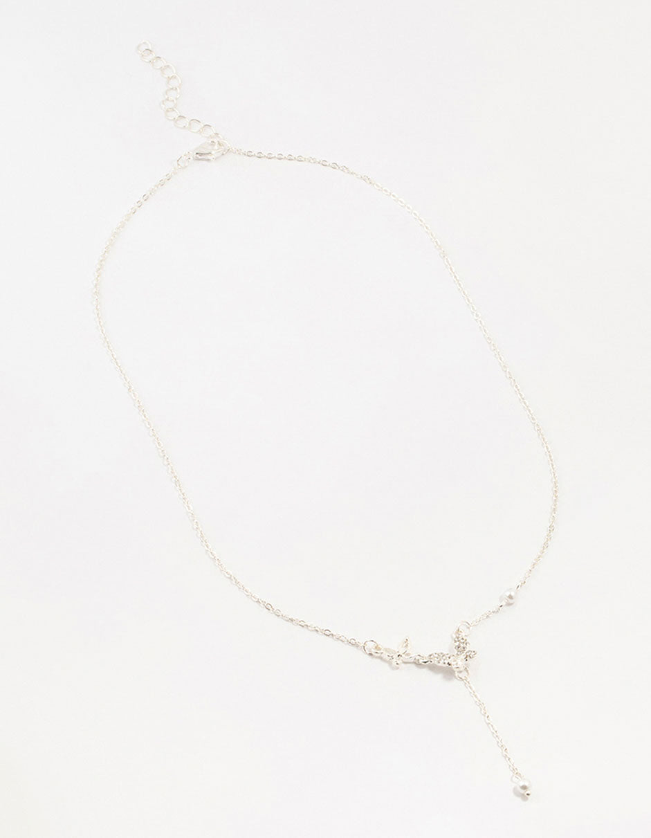 Silver Diamante Pearl Butterfly Y-Necklace