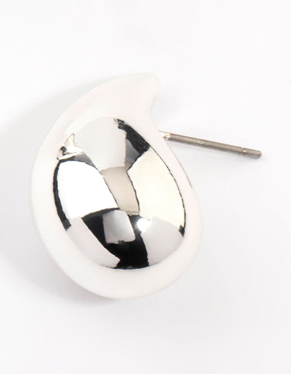 Showcasing silver plated teardrop stud earrings with fastening mechanism post detail view