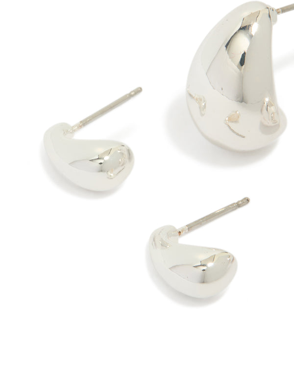 Explore silver plated teardrop stud earrings in a 2-pack close up view