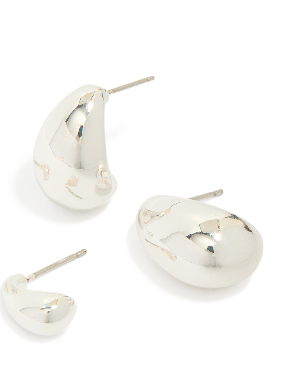 Crafted from silver plated material teardrop stud earrings in a 2-pack post detail view