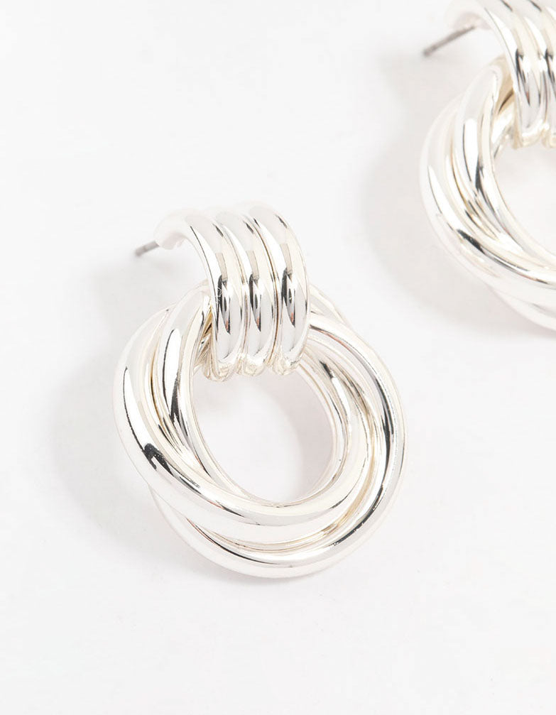 Silver Plated Circle Drop Stud Earrings