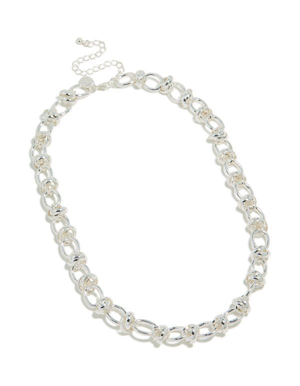 Designed with silver plated knotted chain necklace front view