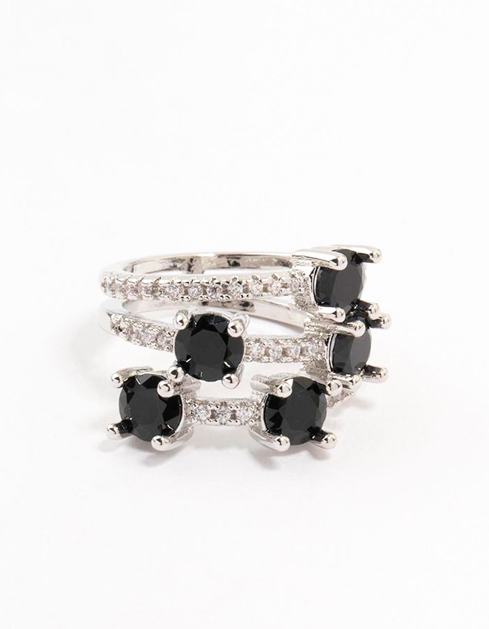 Silver Black 3 Row Round Cubic Zirconia Ring