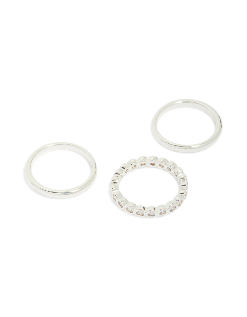 Featuring silver plated fine round cubic zirconia stacking rings 3-pack front view