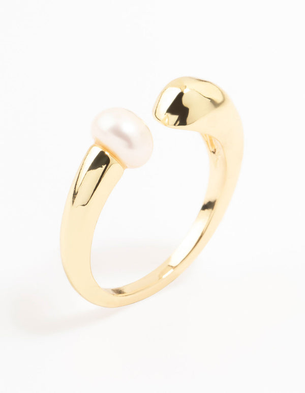 Designed with gold plated material, this open pearl ring in white front view
