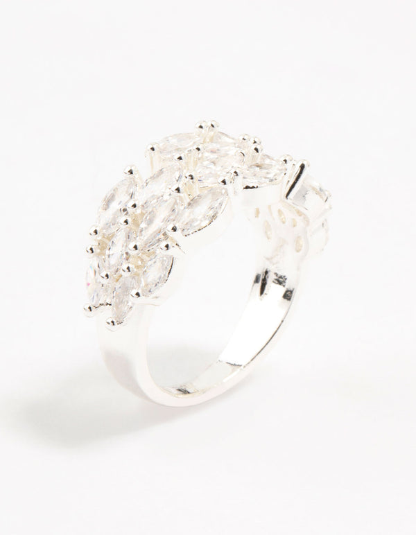 Featuring a silver plated marquise cubic zirconia open ring side detail view