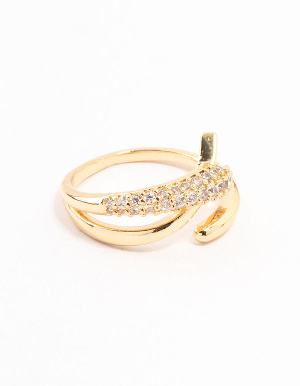 Crafted from gold plated metal, this criss cross ring featuring cubic zirconia stones front view