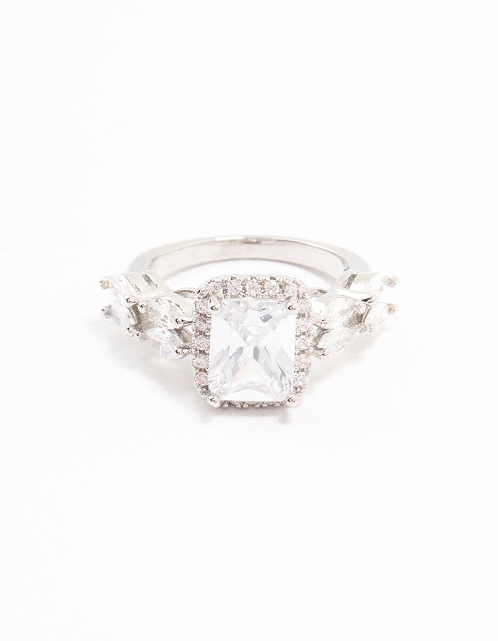 Elegantly designed silver eloquent cubic zirconia rectangular ring with marquise side stones and halo detailing close up view