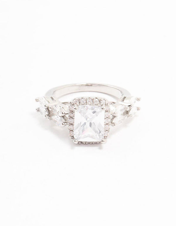 Elegantly designed silver eloquent cubic zirconia rectangular ring with marquise side stones and halo detailing close up view