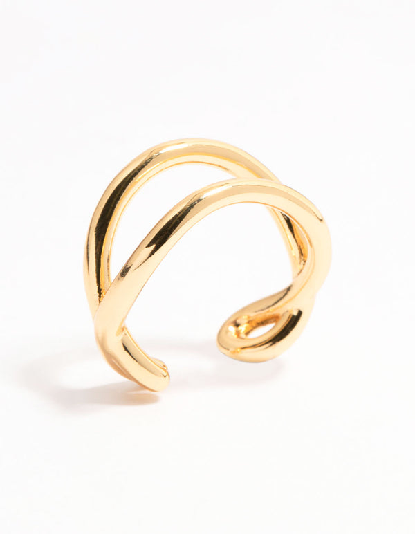 Showcasing a chunky wavy double row ring in gold plated finish side detail view