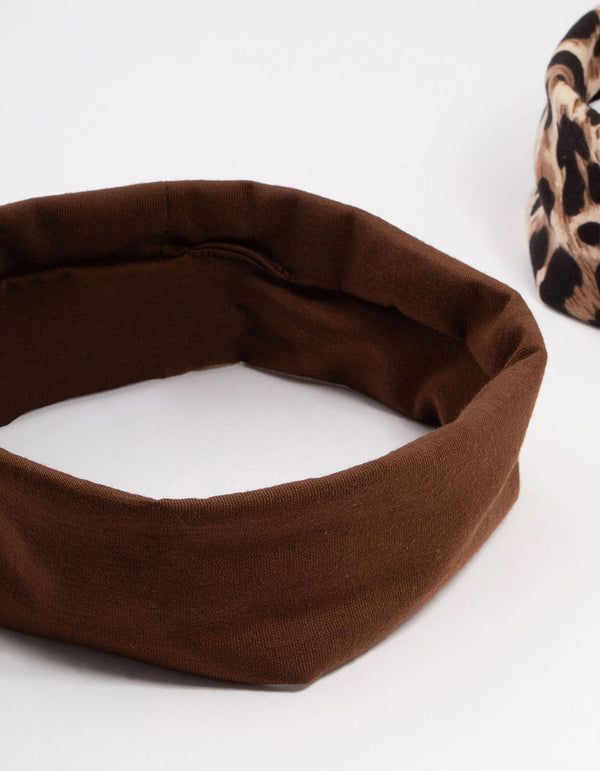 Brown & Leopard Print Stretch Fabric Headbands 2-Pack