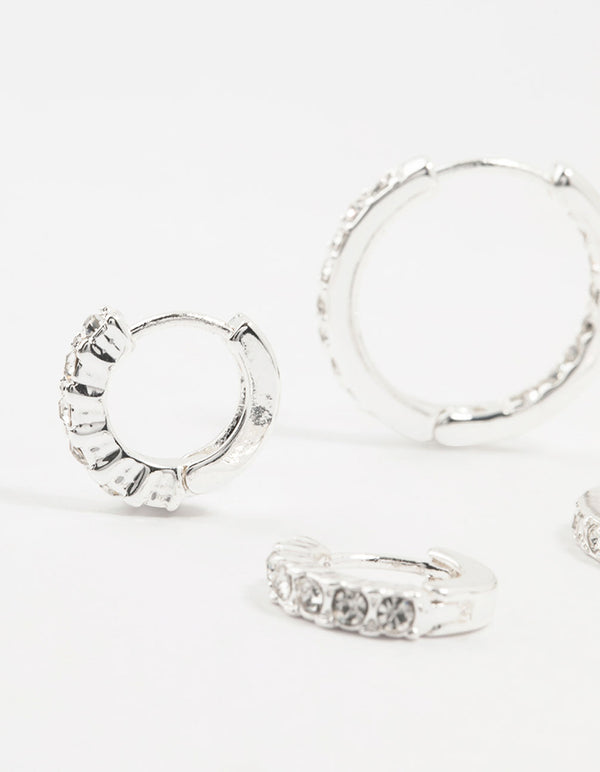 Silver Plated Diamante Huggie Earrings 3-Pack