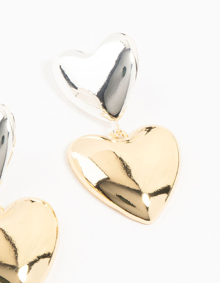 Mixed Metals Double Heart Drop Stud Earrings