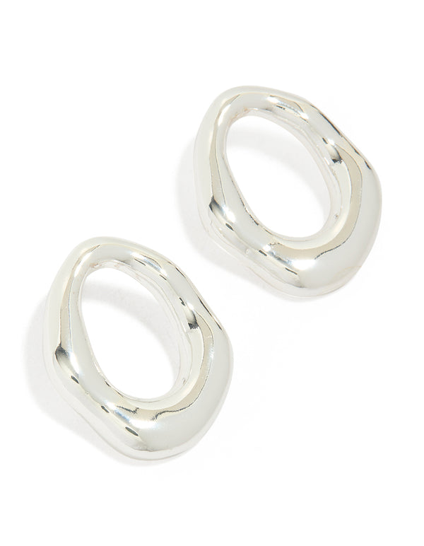 Designed with molten open circle stud earrings crafted from silver plated metal front view