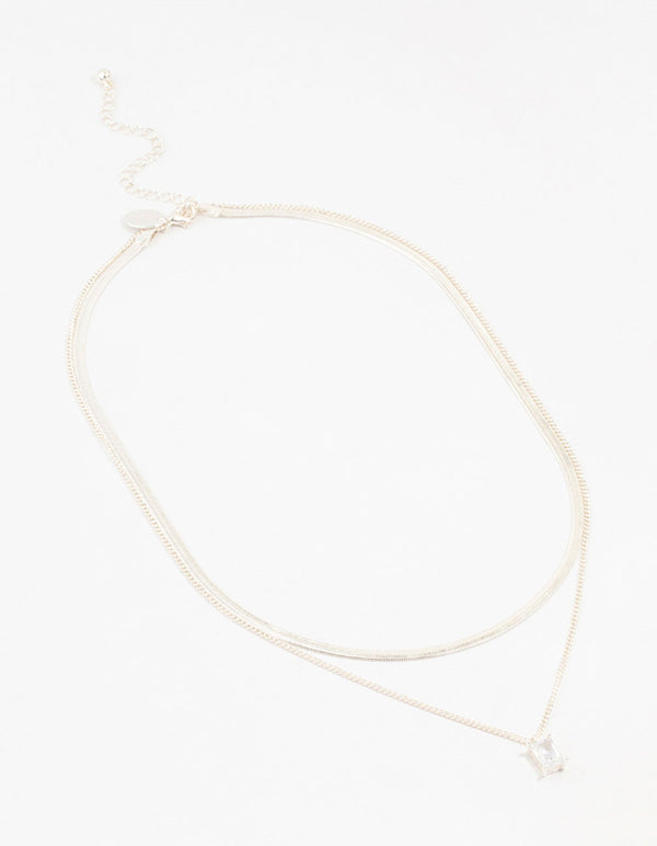 Silver Plated Baguette Diamante & Snake Chain Necklaces 2-Pack