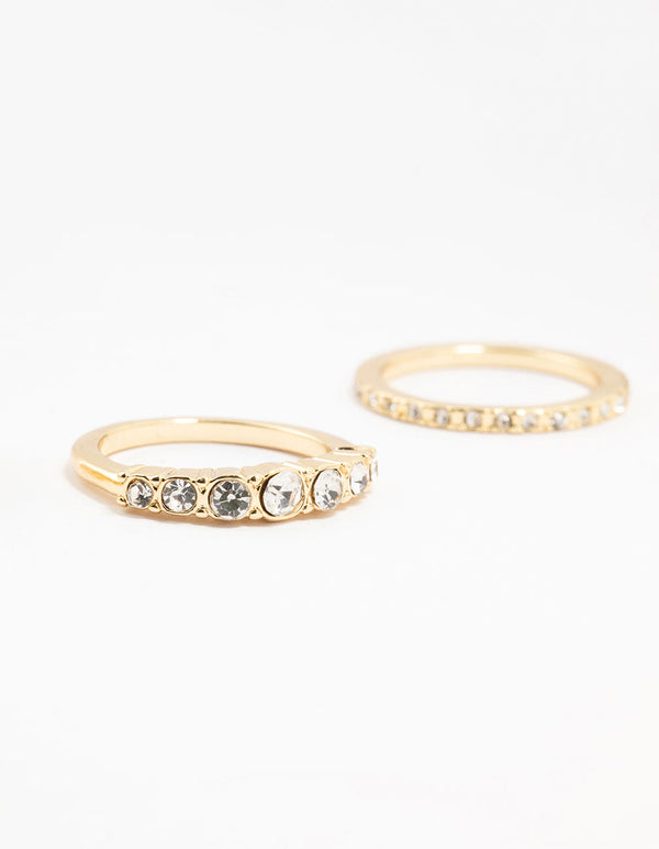 Beautiful gold plated ribbed and diamante rings 4-pack with stackable style side detail view