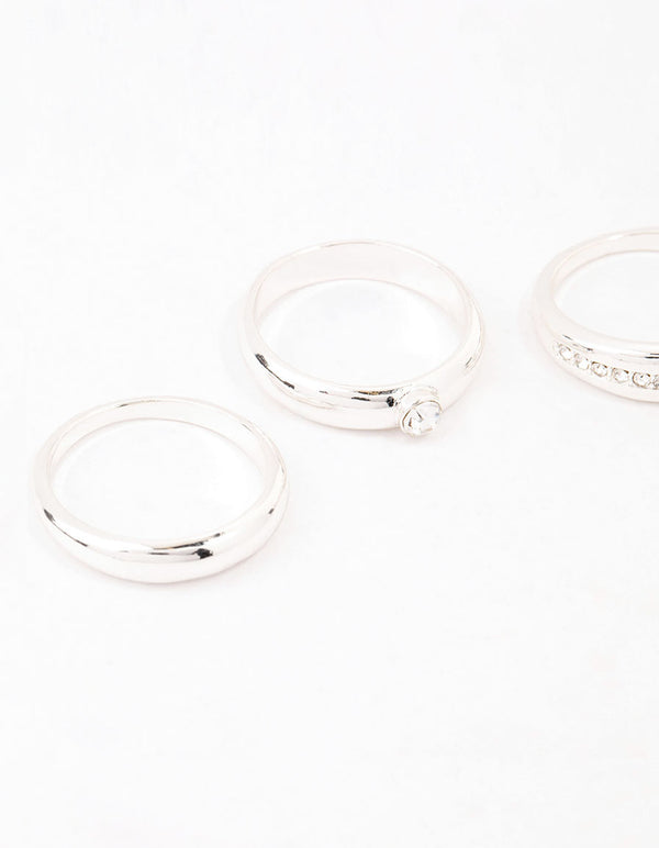 Silver Plated Cubic Zirconia & Chunky Rings 3-Pack