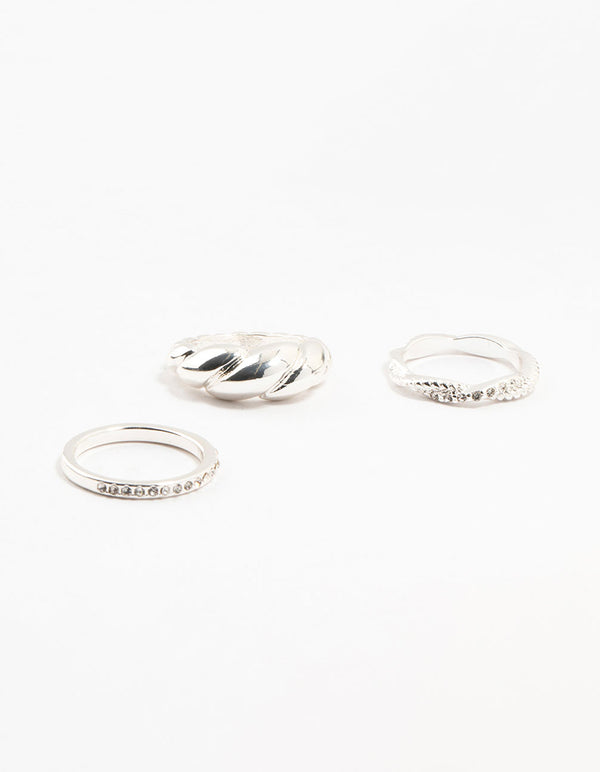 Discover this silver plated diamante twisted ring pack featuring stackable design front view